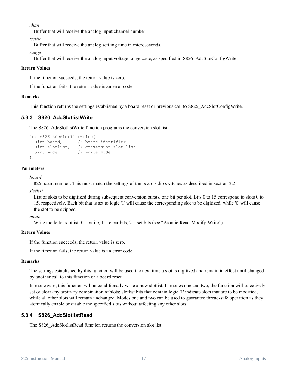3 s826_adcslotlistwrite, 4 s826_adcslotlistread, S826_adcslotlistwrite | S826_adcslotlistread | Sensoray 826 User Manual | Page 22 / 76