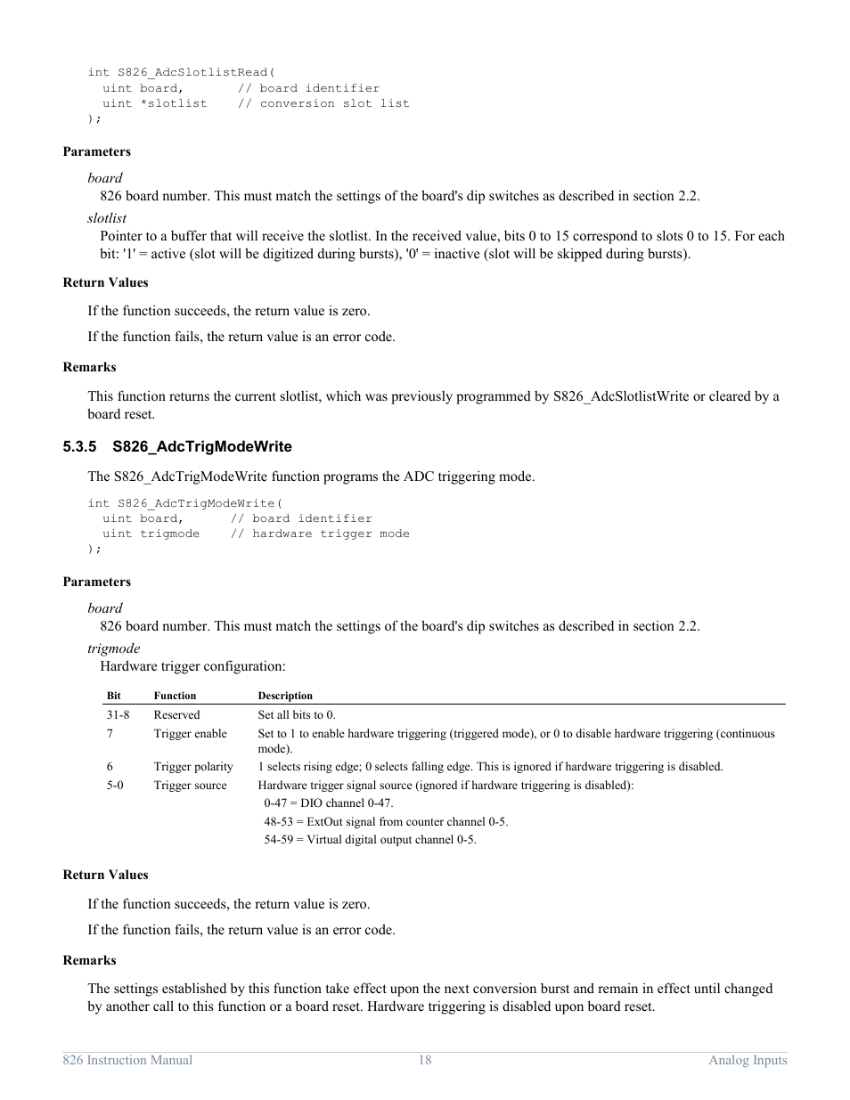 5 s826_adctrigmodewrite, S826_adctrigmodewrite | Sensoray 826 User Manual | Page 23 / 76