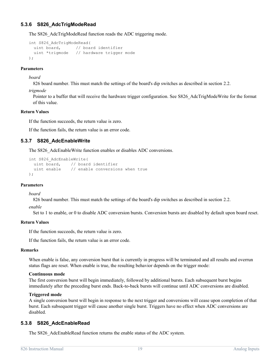 6 s826_adctrigmoderead, 7 s826_adcenablewrite, 8 s826_adcenableread | S826_adctrigmoderead, S826_adcenablewrite, S826_adcenableread | Sensoray 826 User Manual | Page 24 / 76