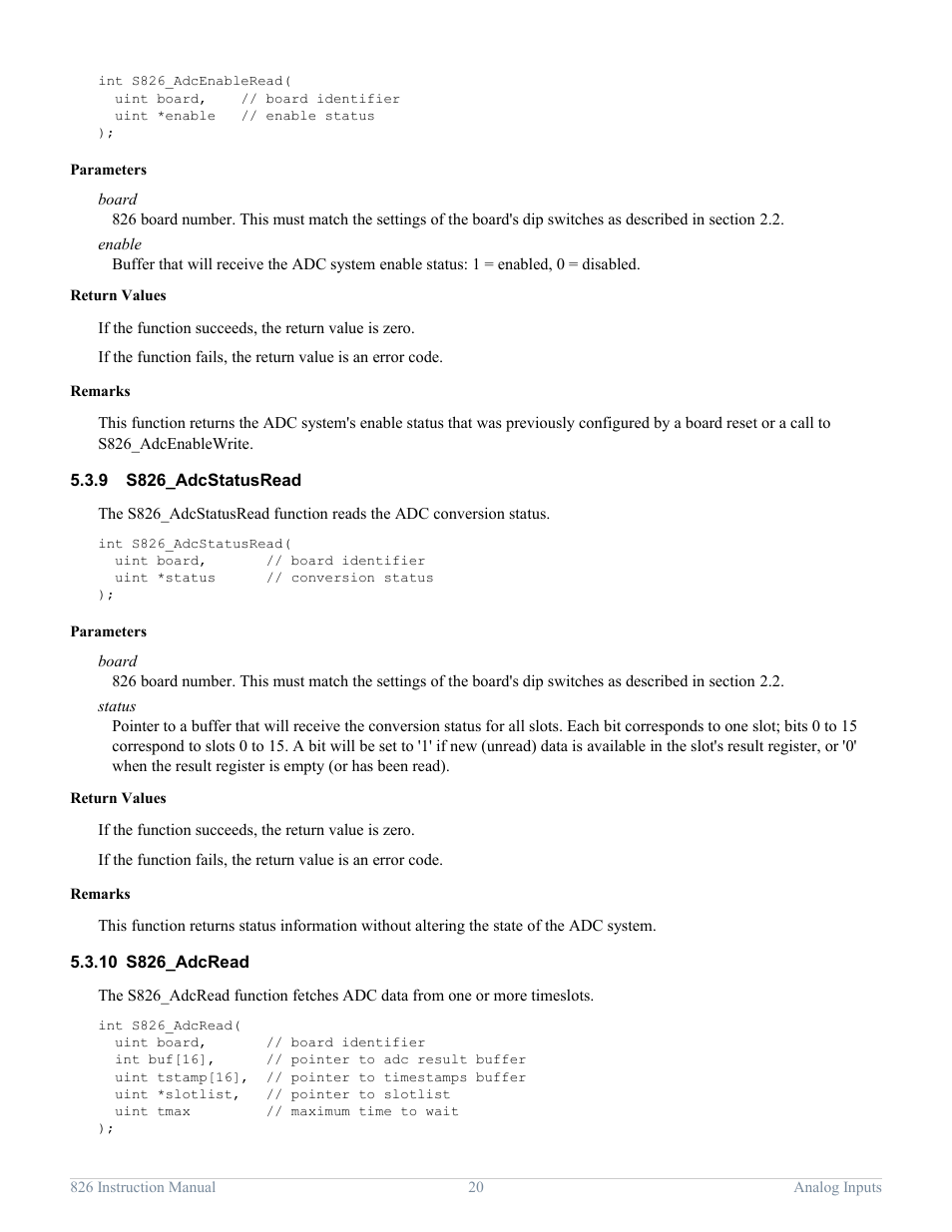 9 s826_adcstatusread, 10 s826_adcread, S826_adcstatusread | S826_adcread | Sensoray 826 User Manual | Page 25 / 76