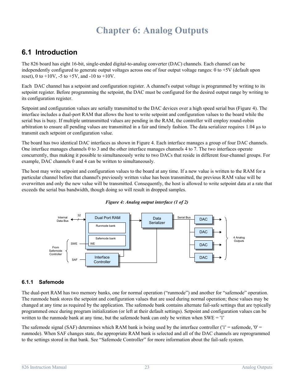 Chapter 6: analog outputs, 1 introduction, 1 safemode | Analog outputs, Introduction, Safemode | Sensoray 826 User Manual | Page 28 / 76