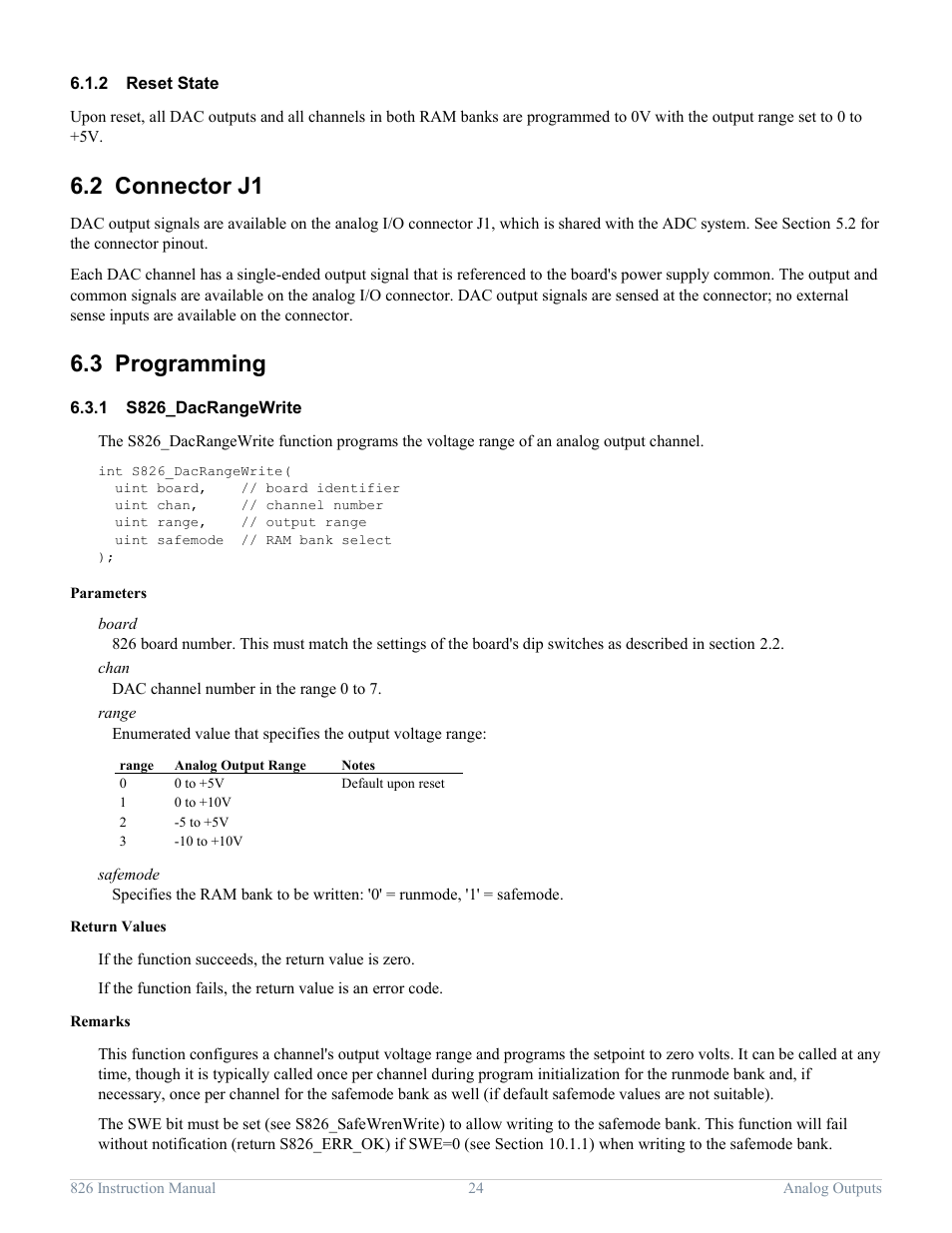 2 reset state, 2 connector j1, 3 programming | 1 s826_dacrangewrite, Reset state, Connector j1, Programming, S826_dacrangewrite | Sensoray 826 User Manual | Page 29 / 76