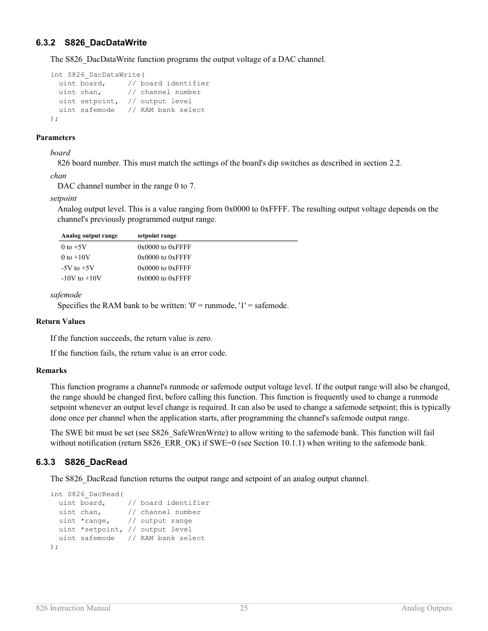 2 s826_dacdatawrite, 3 s826_dacread, S826_dacdatawrite | S826_dacread | Sensoray 826 User Manual | Page 30 / 76