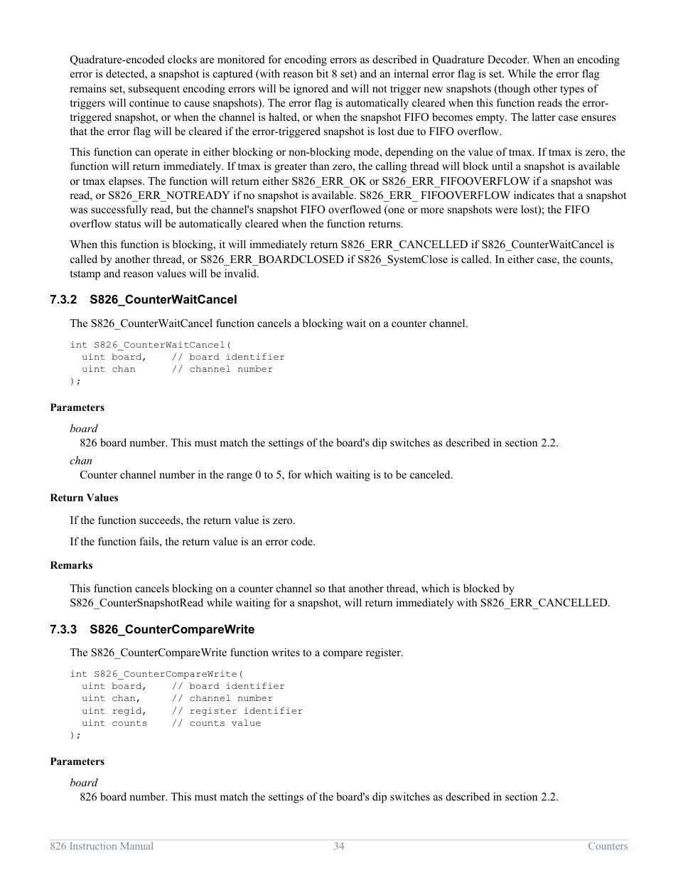 2 s826_counterwaitcancel, 3 s826_countercomparewrite, S826_counterwaitcancel | S826_countercomparewrite | Sensoray 826 User Manual | Page 39 / 76