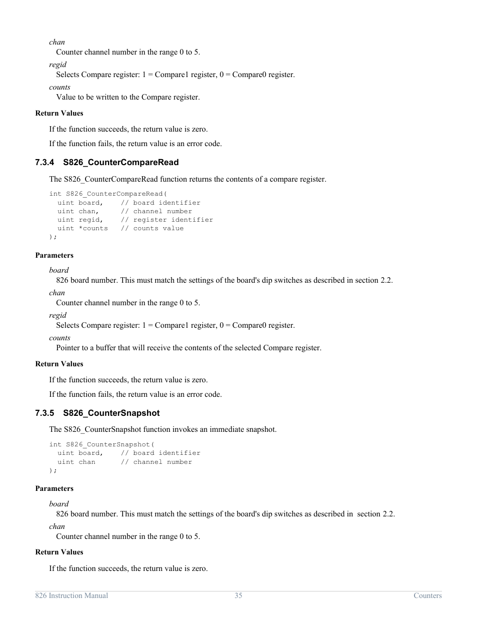 4 s826_countercompareread, 5 s826_countersnapshot, S826_countercompareread | S826_countersnapshot, Calling s826_countersnapshot) | Sensoray 826 User Manual | Page 40 / 76