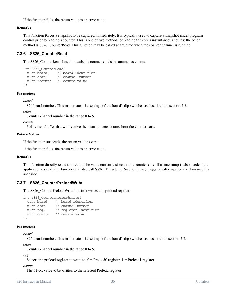 6 s826_counterread, 7 s826_counterpreloadwrite, S826_counterread | S826_counterpreloadwrite | Sensoray 826 User Manual | Page 41 / 76