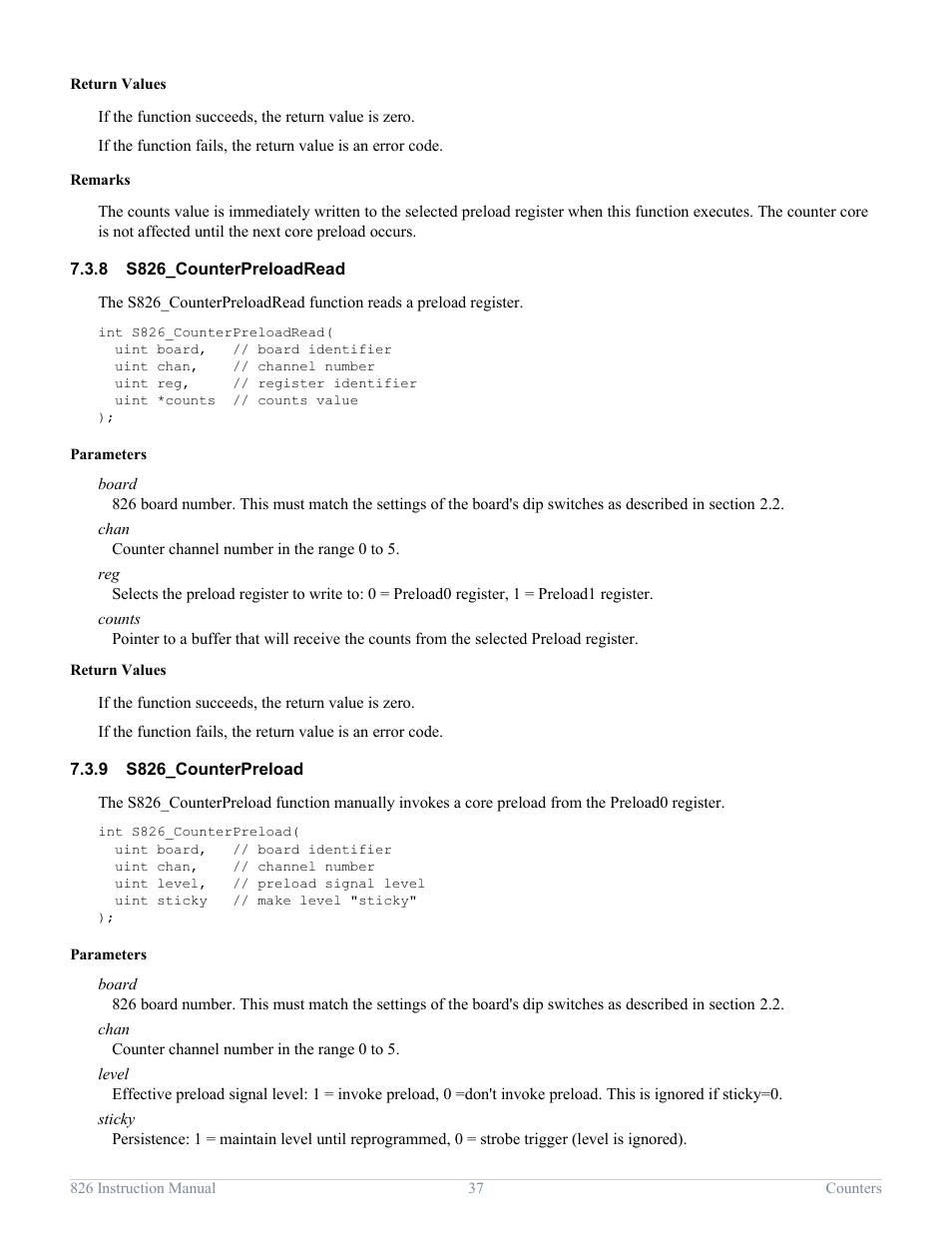 8 s826_counterpreloadread, 9 s826_counterpreload, S826_counterpreloadread | S826_counterpreload | Sensoray 826 User Manual | Page 42 / 76