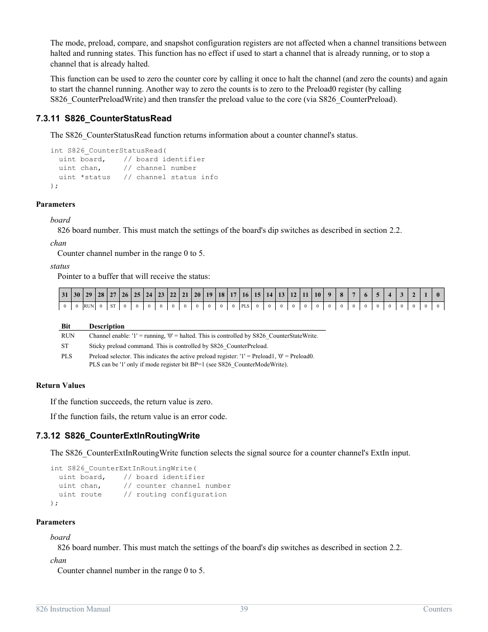 11 s826_counterstatusread, 12 s826_counterextinroutingwrite, S826_counterstatusread | S826_counterextinroutingwrite | Sensoray 826 User Manual | Page 44 / 76