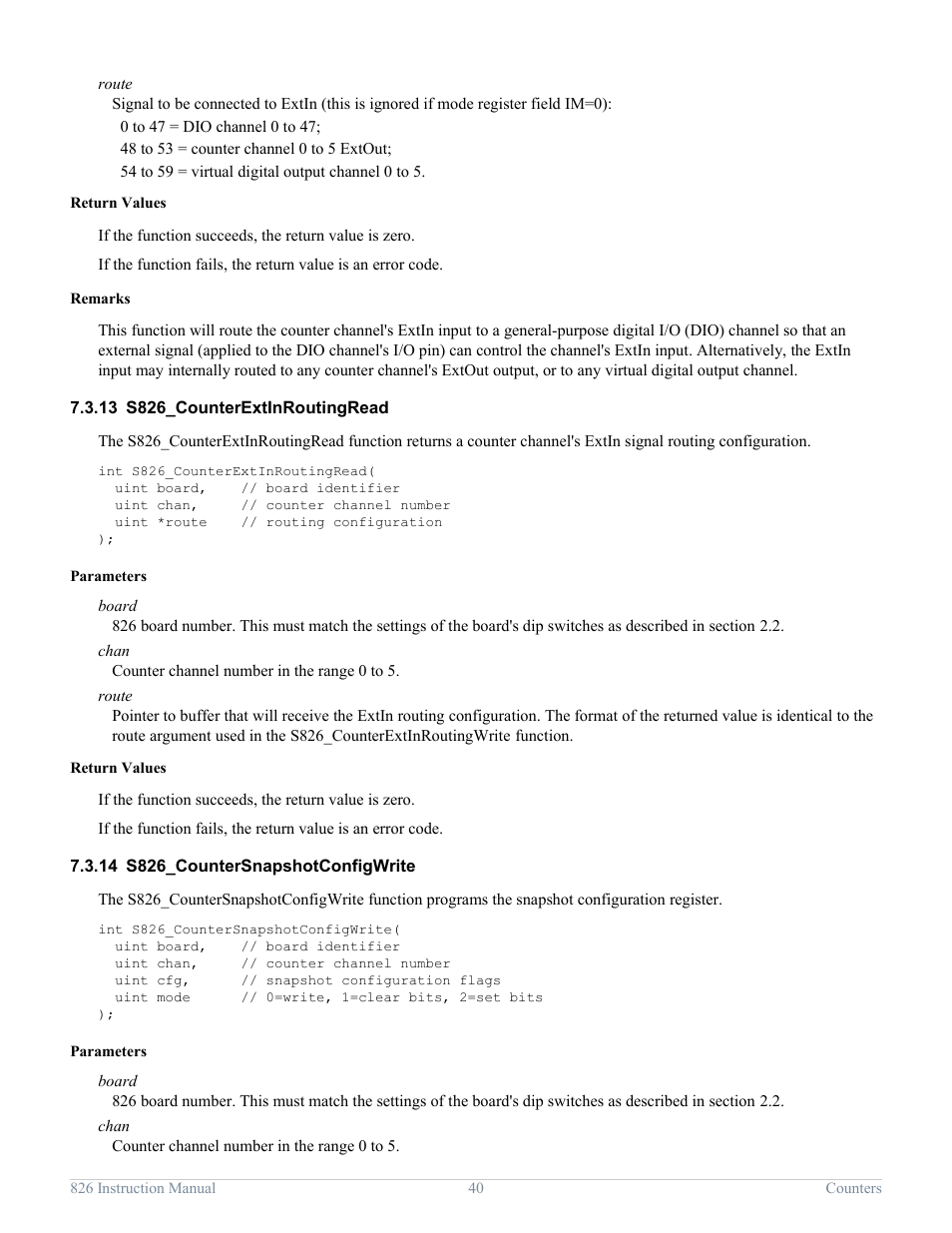 13 s826_counterextinroutingread, 14 s826_countersnapshotconfigwrite, S826_counterextinroutingread | S826_countersnapshotconfigwrite | Sensoray 826 User Manual | Page 45 / 76