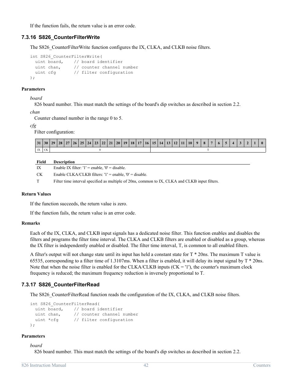 16 s826_counterfilterwrite, 17 s826_counterfilterread, S826_counterfilterwrite | S826_counterfilterread | Sensoray 826 User Manual | Page 47 / 76
