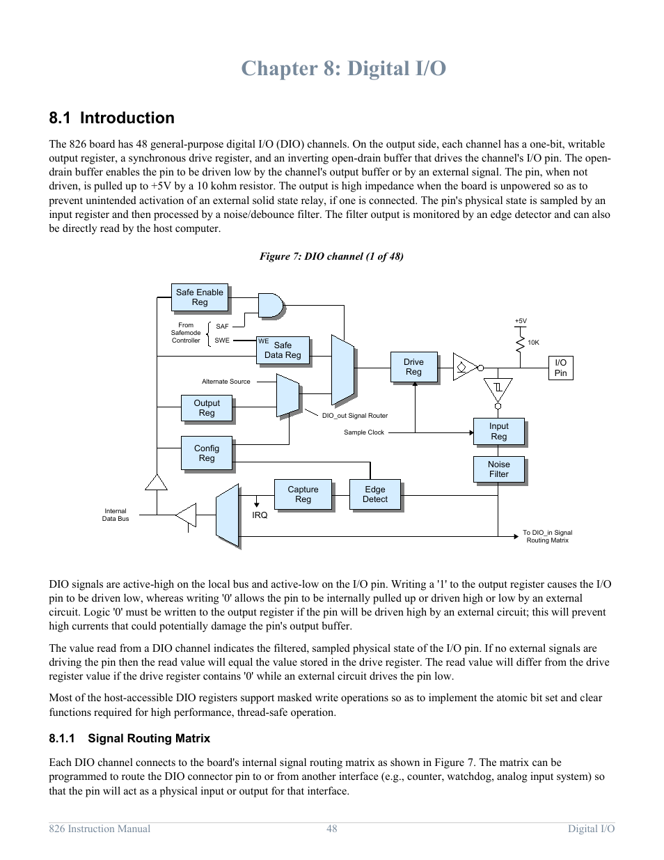 Chapter 8: digital i/o, 1 introduction, 1 signal routing matrix | Digital i/o, Introduction, Signal routing matrix | Sensoray 826 User Manual | Page 53 / 76