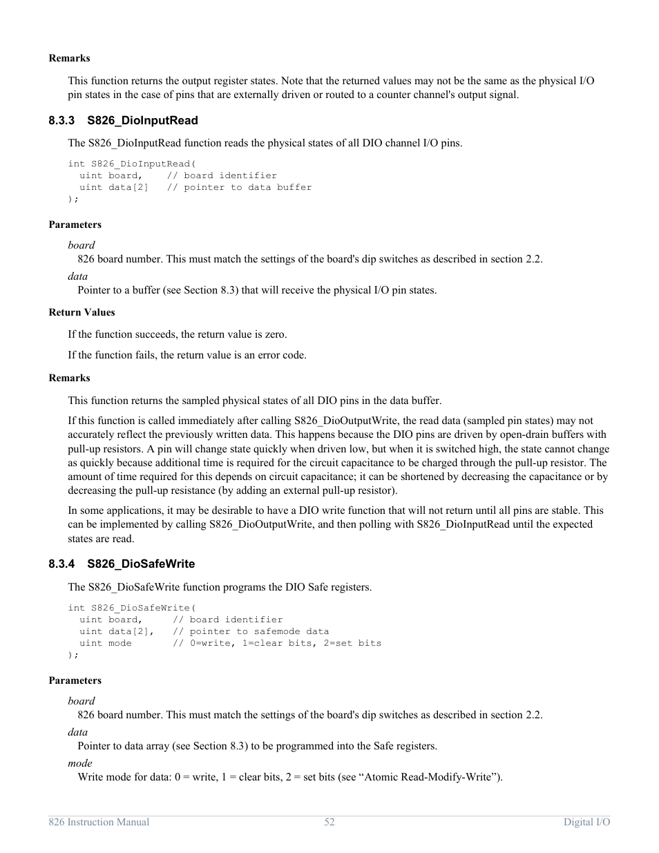 3 s826_dioinputread, 4 s826_diosafewrite, S826_dioinputread | S826_diosafewrite, S826_dioinputread) | Sensoray 826 User Manual | Page 57 / 76