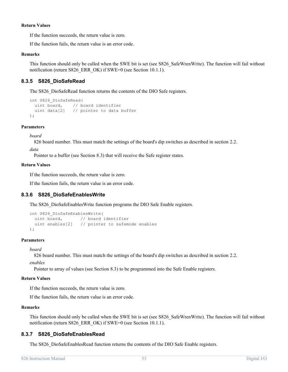 5 s826_diosaferead, 6 s826_diosafeenableswrite, 7 s826_diosafeenablesread | S826_diosaferead, S826_diosafeenableswrite, S826_diosafeenablesread | Sensoray 826 User Manual | Page 58 / 76