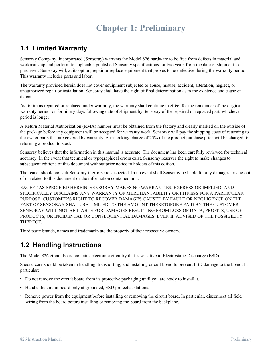 Chapter 1: preliminary, 1 limited warranty, 2 handling instructions | Preliminary, Limited warranty, Handling instructions | Sensoray 826 User Manual | Page 6 / 76