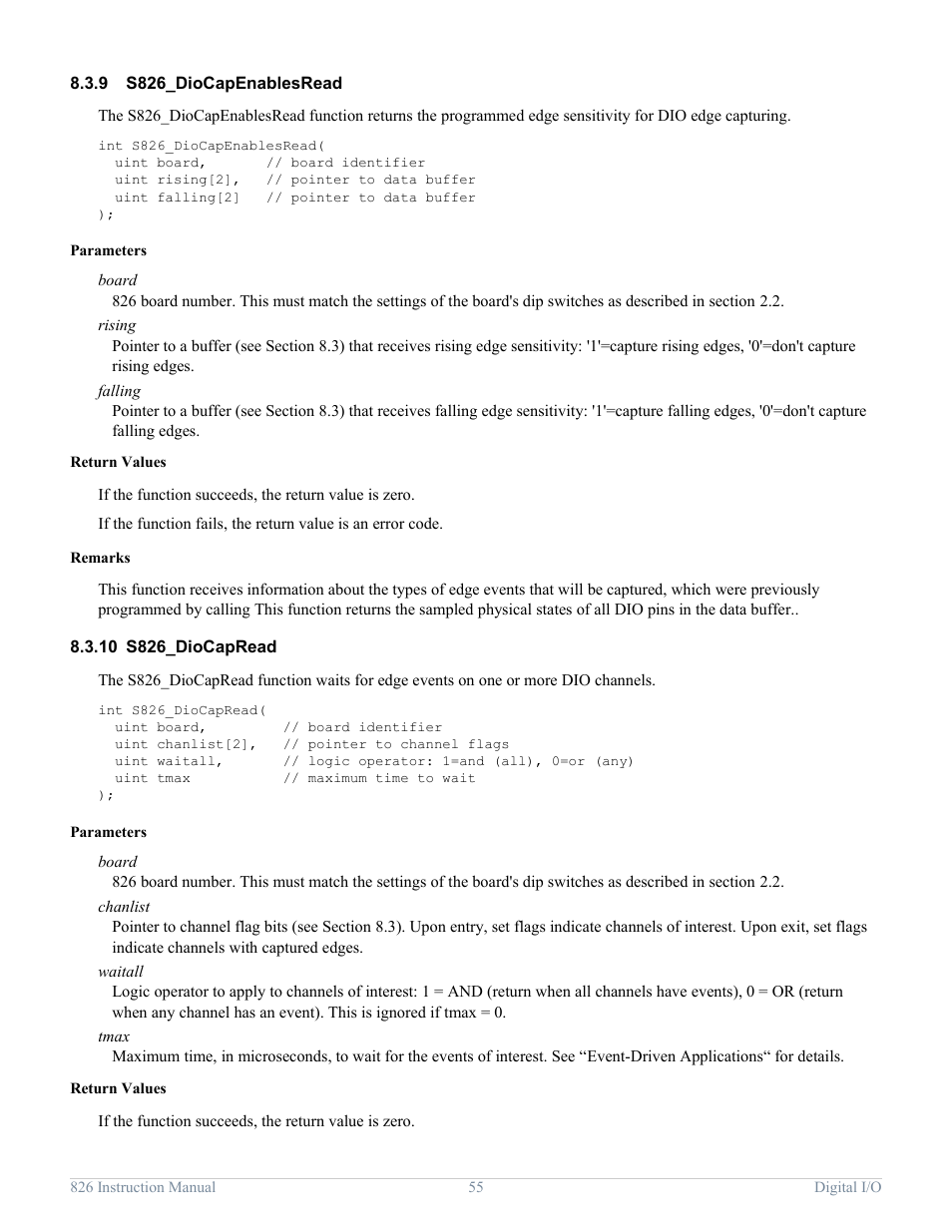 9 s826_diocapenablesread, 10 s826_diocapread, S826_diocapenablesread | S826_diocapread | Sensoray 826 User Manual | Page 60 / 76