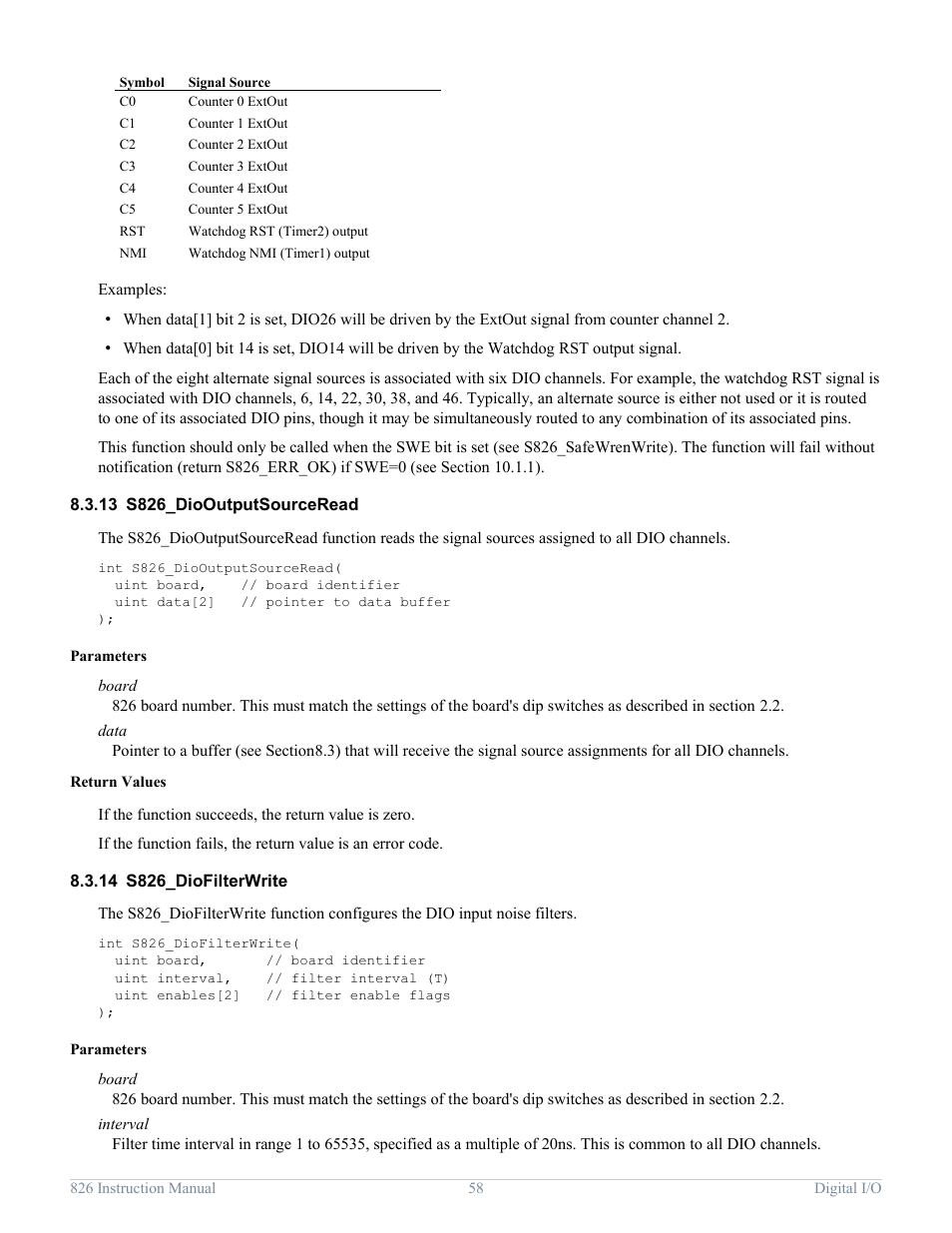 13 s826_diooutputsourceread, 14 s826_diofilterwrite, S826_diooutputsourceread | S826_diofilterwrite | Sensoray 826 User Manual | Page 63 / 76