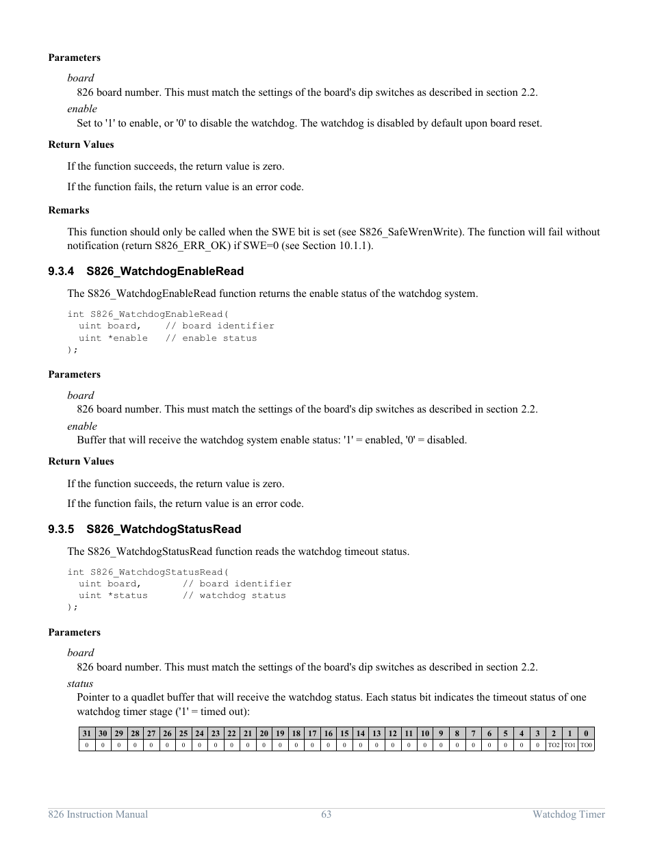 4 s826_watchdogenableread, 5 s826_watchdogstatusread, S826_watchdogenableread | S826_watchdogstatusread | Sensoray 826 User Manual | Page 68 / 76