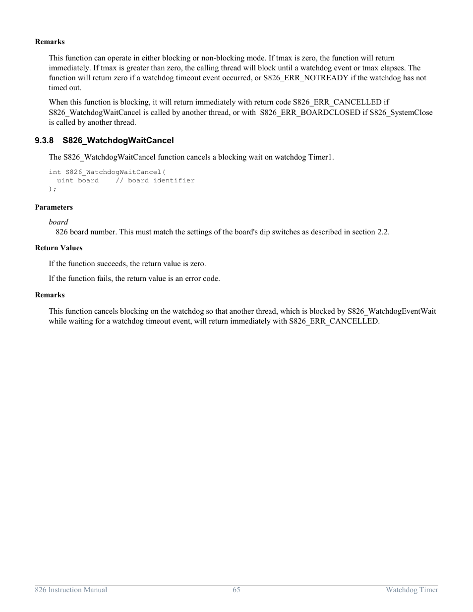 8 s826_watchdogwaitcancel, S826_watchdogwaitcancel | Sensoray 826 User Manual | Page 70 / 76