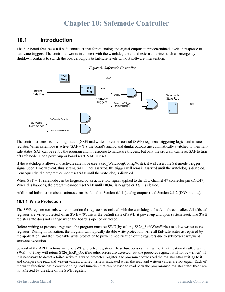 Chapter 10: safemode controller, 1 introduction, 1 write protection | Safemode controller, Introduction, Write protection | Sensoray 826 User Manual | Page 71 / 76