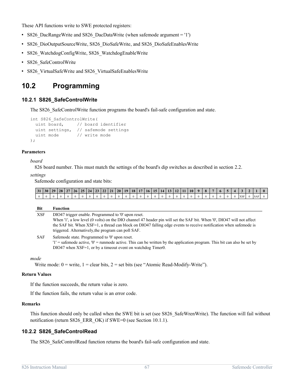 2 programming, 1 s826_safecontrolwrite, 2 s826_safecontrolread | Programming, S826_safecontrolwrite, S826_safecontrolread | Sensoray 826 User Manual | Page 72 / 76