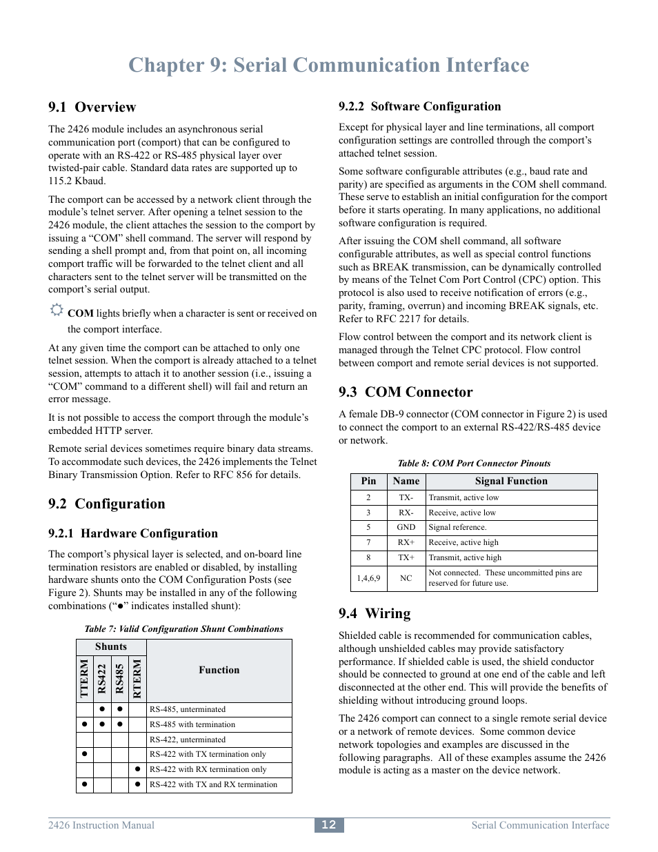 Chapter 9: serial communication interface, 1 overview, 2 configuration | 3 com connector, 4 wiring | Sensoray 2426 User Manual | Page 14 / 17