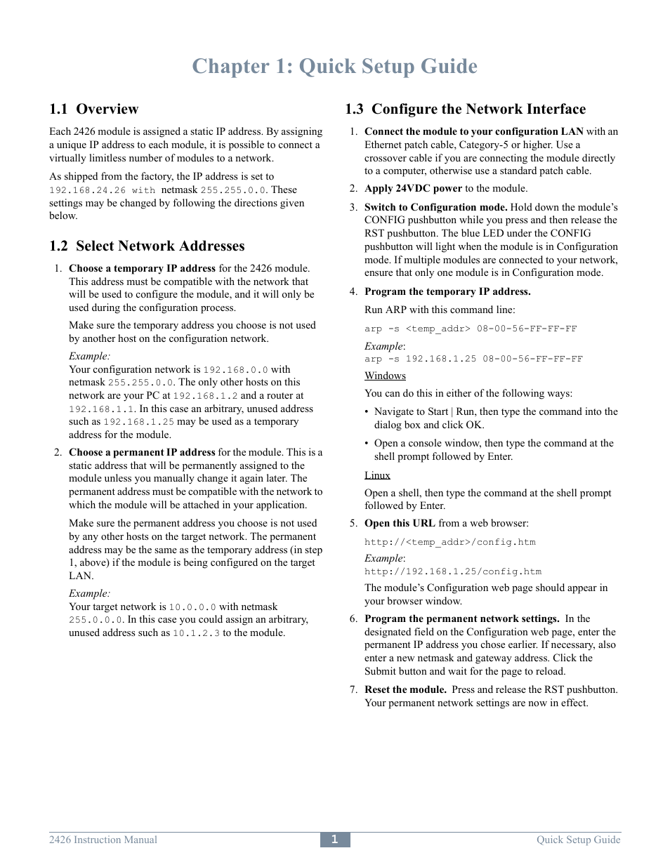 Chapter 1: quick setup guide, 1 overview, 2 select network addresses | 3 configure the network interface | Sensoray 2426 User Manual | Page 3 / 17