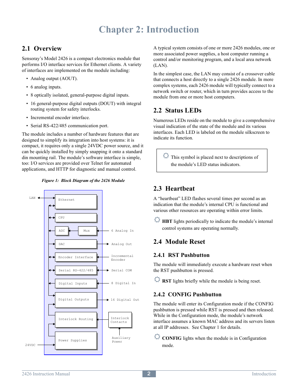 Chapter 2: introduction, 1 overview, 2 status leds | 3 heartbeat, 4 module reset, 1 rst pushbutton, 2 config pushbutton | Sensoray 2426 User Manual | Page 4 / 17