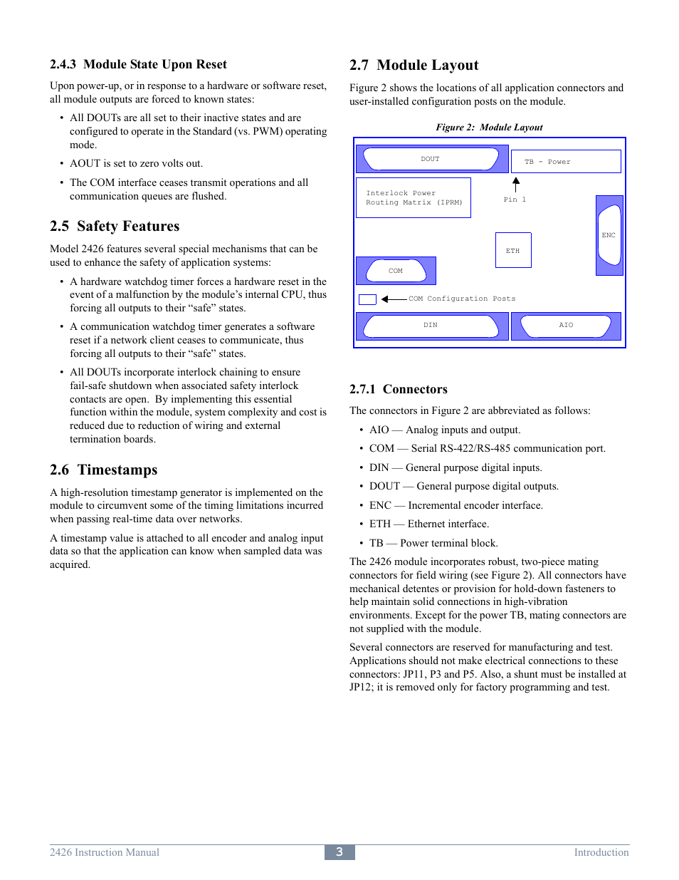 5 safety features, 6 timestamps, 7 module layout | 3 module state upon reset, 1 connectors | Sensoray 2426 User Manual | Page 5 / 17