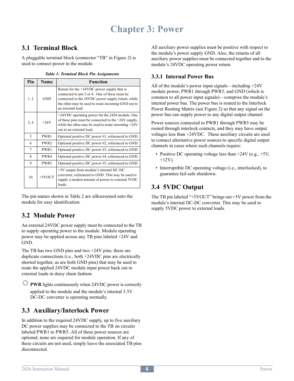 Chapter 3: power, 1 terminal block, 2 module power | 3 auxiliary/interlock power, 4 5vdc output, 1 internal power bus | Sensoray 2426 User Manual | Page 6 / 17