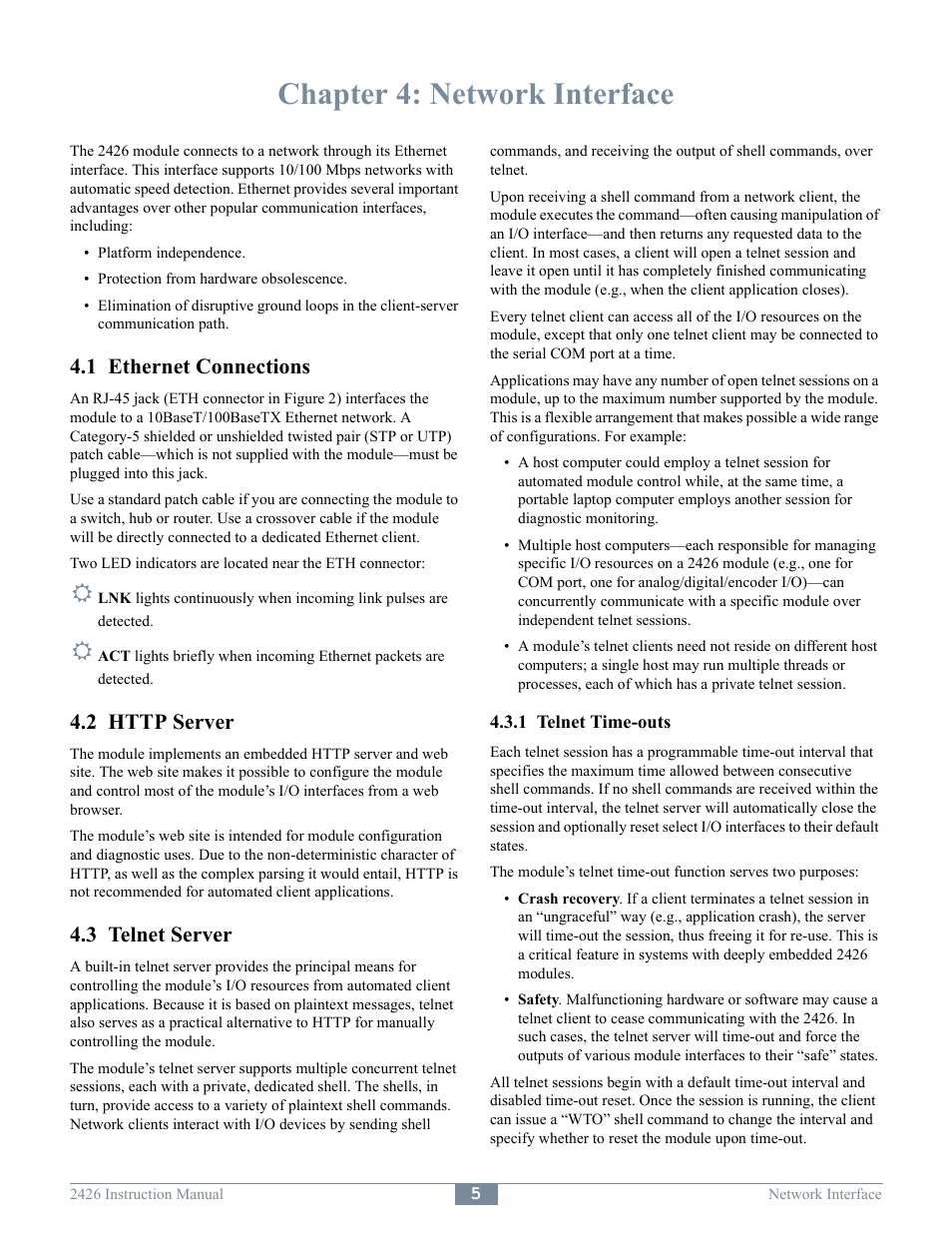 Chapter 4: network interface, 1 ethernet connections, 3 telnet server | Sensoray 2426 User Manual | Page 7 / 17