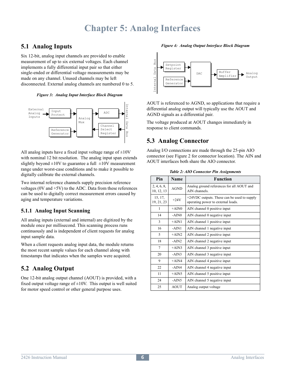 Chapter 5: analog interfaces, 1 analog inputs, 2 analog output | 3 analog connector, 1 analog input scanning | Sensoray 2426 User Manual | Page 8 / 17