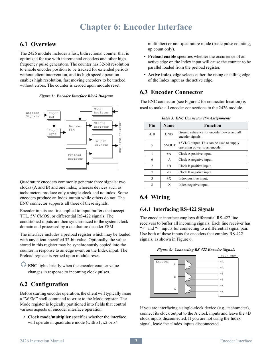 Chapter 6: encoder interface, 1 overview, 2 configuration | 3 encoder connector, 4 wiring, 1 interfacing rs-422 signals | Sensoray 2426 User Manual | Page 9 / 17