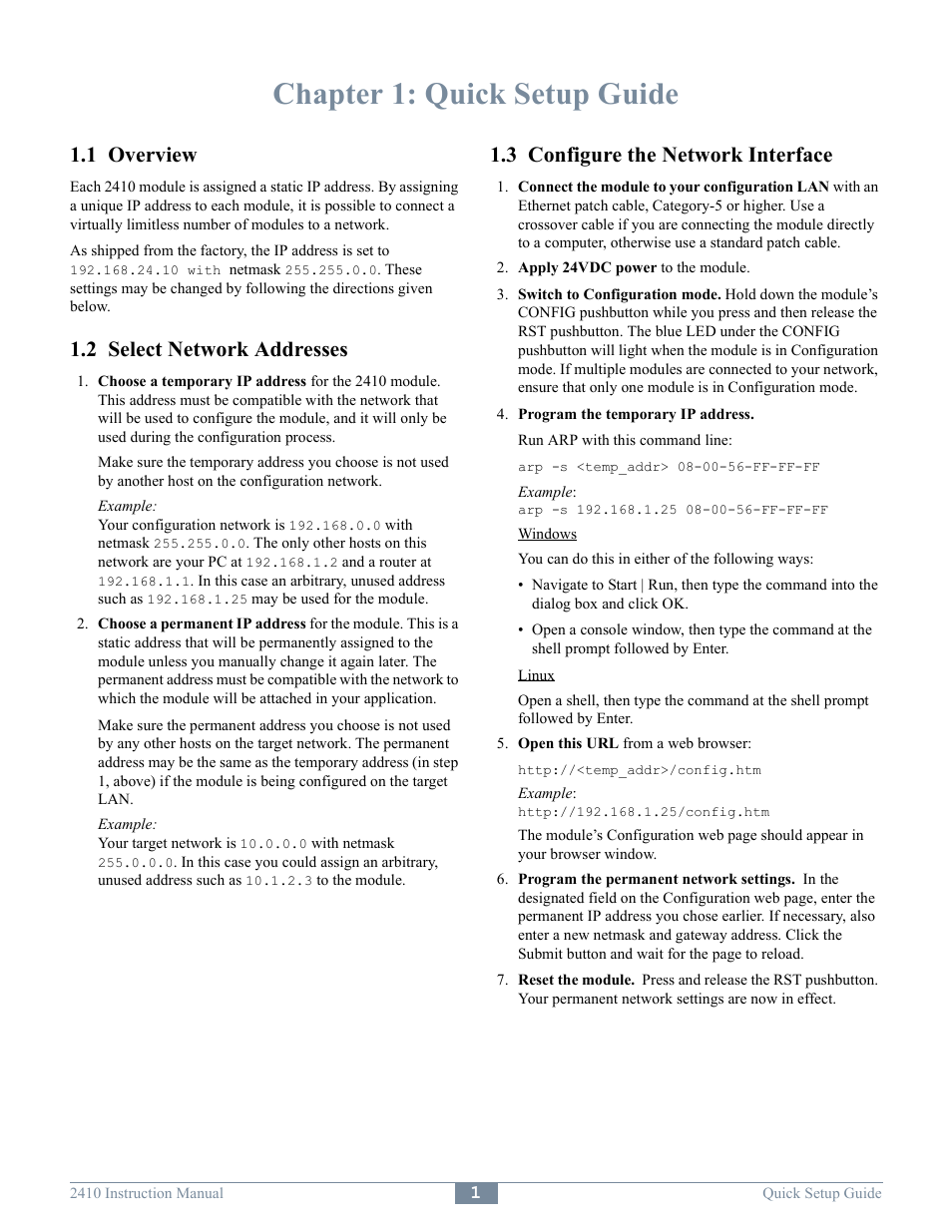 Chapter 1: quick setup guide, 1 overview, 2 select network addresses | 3 configure the network interface | Sensoray 2410 User Manual | Page 3 / 9