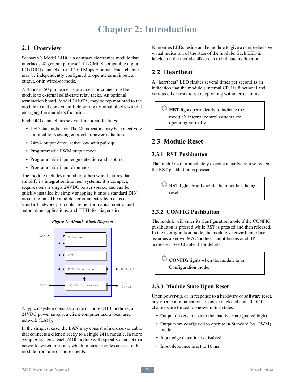 Chapter 2: introduction, 1 overview, 2 heartbeat | 3 module reset | Sensoray 2410 User Manual | Page 4 / 9