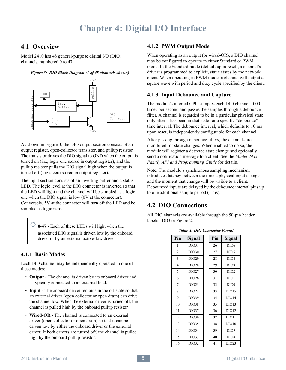 Chapter 4: digital i/o interface, 1 overview, 2 dio connections | 1 basic modes, 2 pwm output mode, 3 input debounce and capture | Sensoray 2410 User Manual | Page 7 / 9