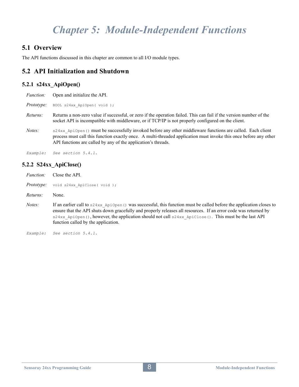 Chapter 5: module-independent functions, 1 overview, 2 api initialization and shutdown | Sensoray 2410 API User Manual | Page 12 / 39