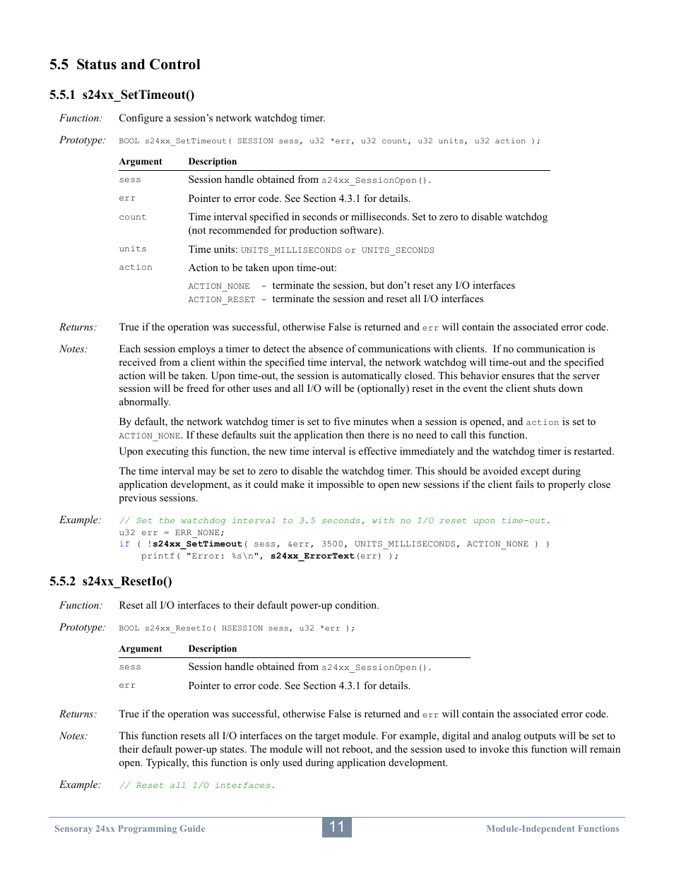 5 status and control, 1 s24xx_settimeout(), 2 s24xx_resetio() | Sensoray 2410 API User Manual | Page 15 / 39