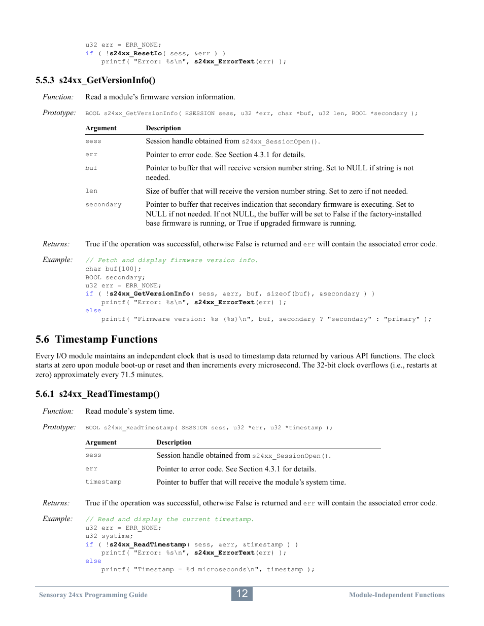 6 timestamp functions, 3 s24xx_getversioninfo(), 1 s24xx_readtimestamp() | Sensoray 2410 API User Manual | Page 16 / 39