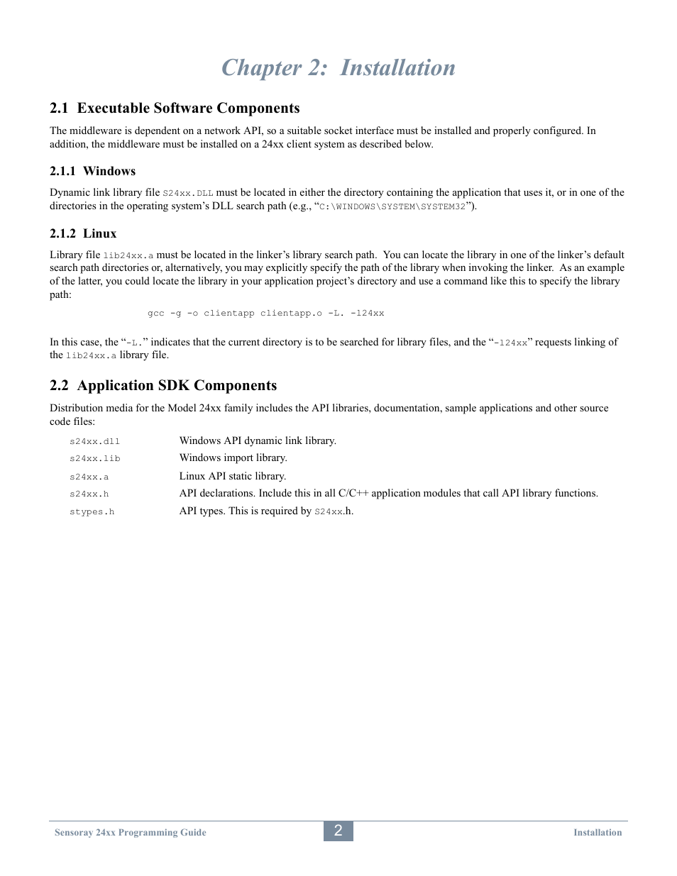 Chapter 2: installation, 1 executable software components, 2 application sdk components | Sensoray 2410 API User Manual | Page 6 / 39