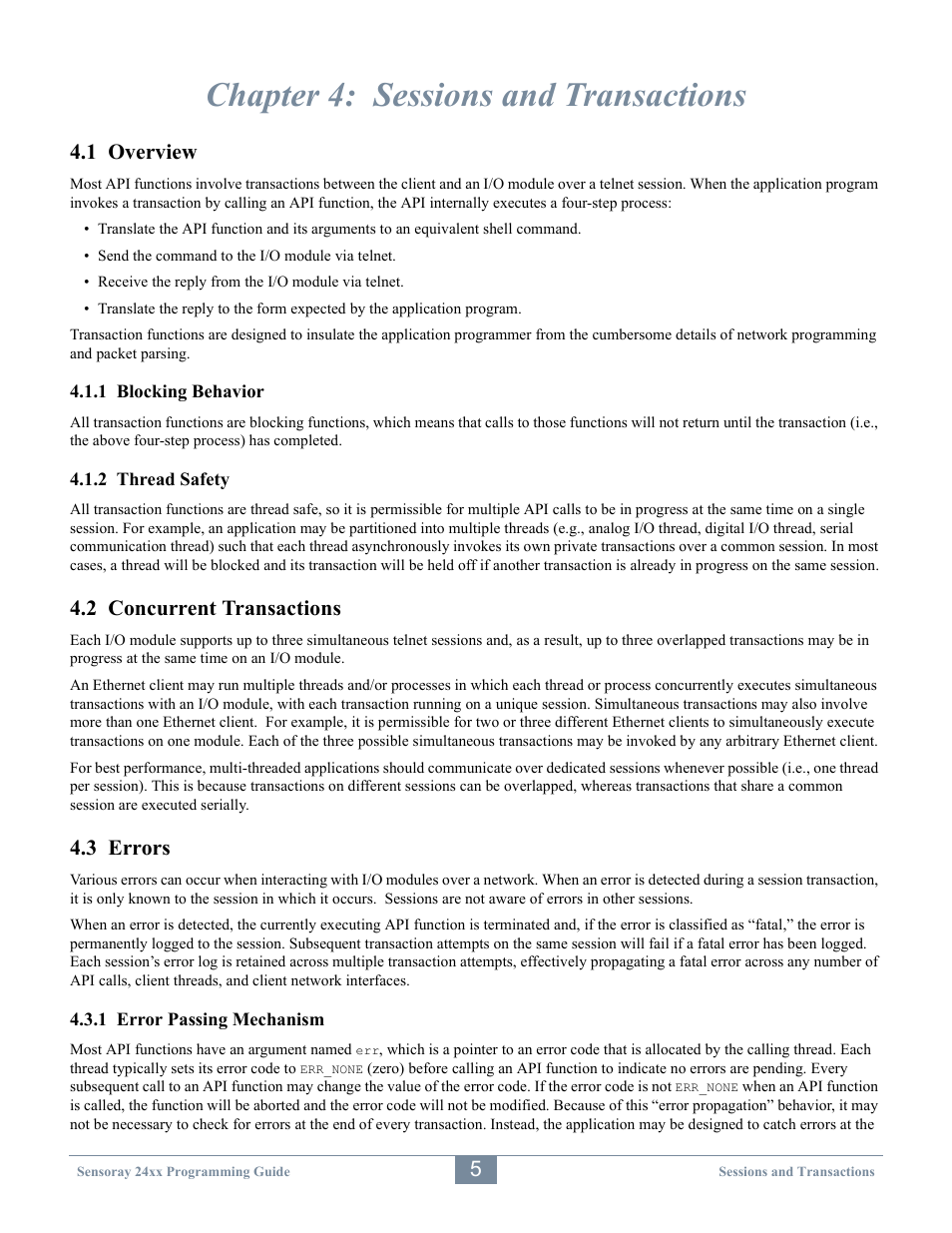 Chapter 4: sessions and transactions, 1 overview, 2 concurrent transactions | 3 errors | Sensoray 2410 API User Manual | Page 9 / 39