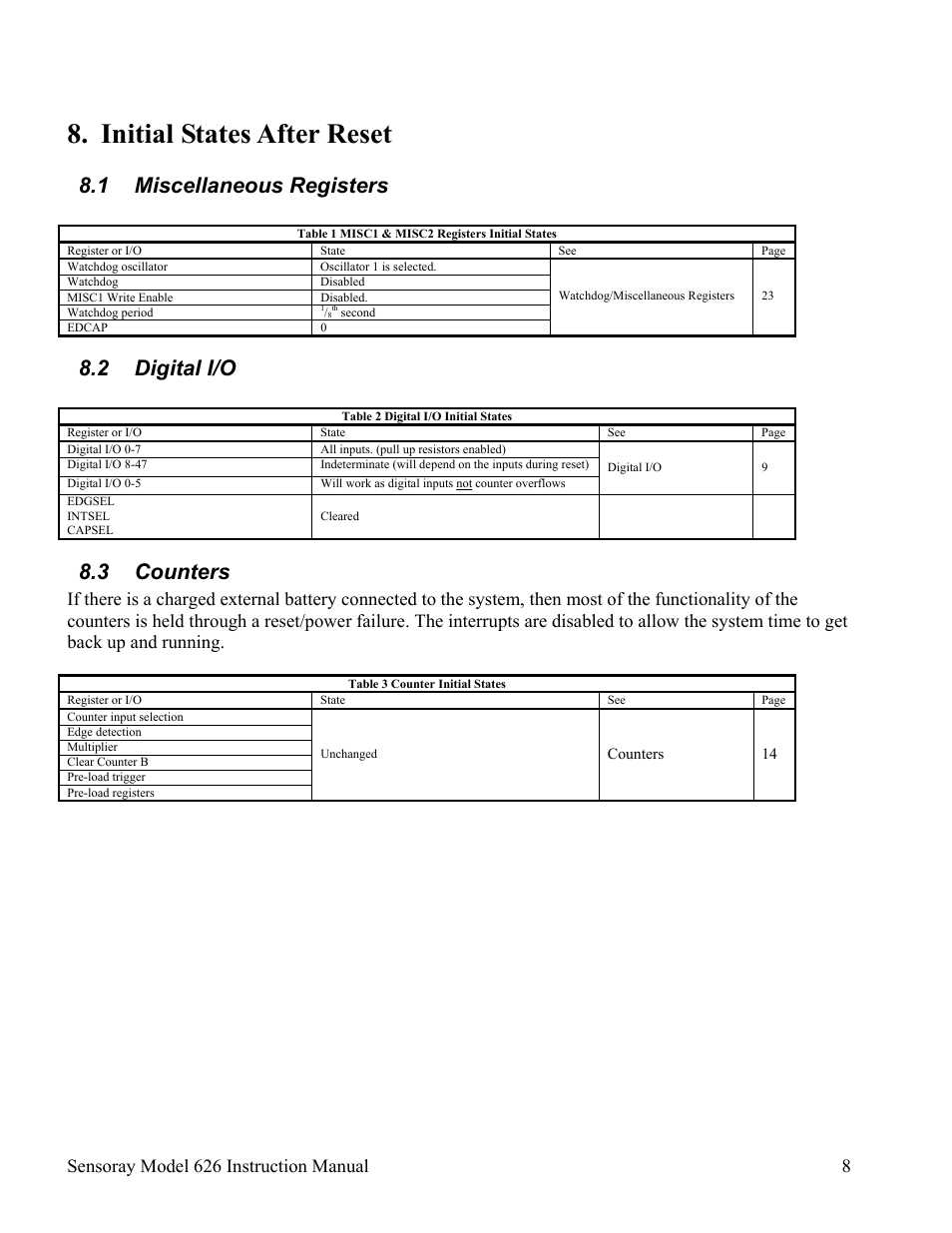 Initial states after reset, 1 miscellaneous registers, 2 digital i/o | 3 counters, Sensoray model 626 instruction manual 8 | Sensoray 626 User Manual | Page 10 / 32