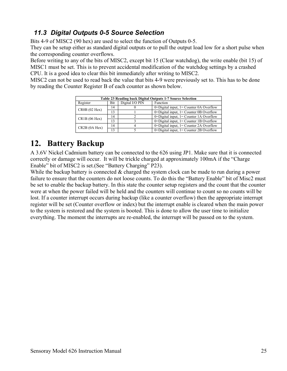 Battery backup, 3 digital outputs 0-5 source selection | Sensoray 626 User Manual | Page 27 / 32