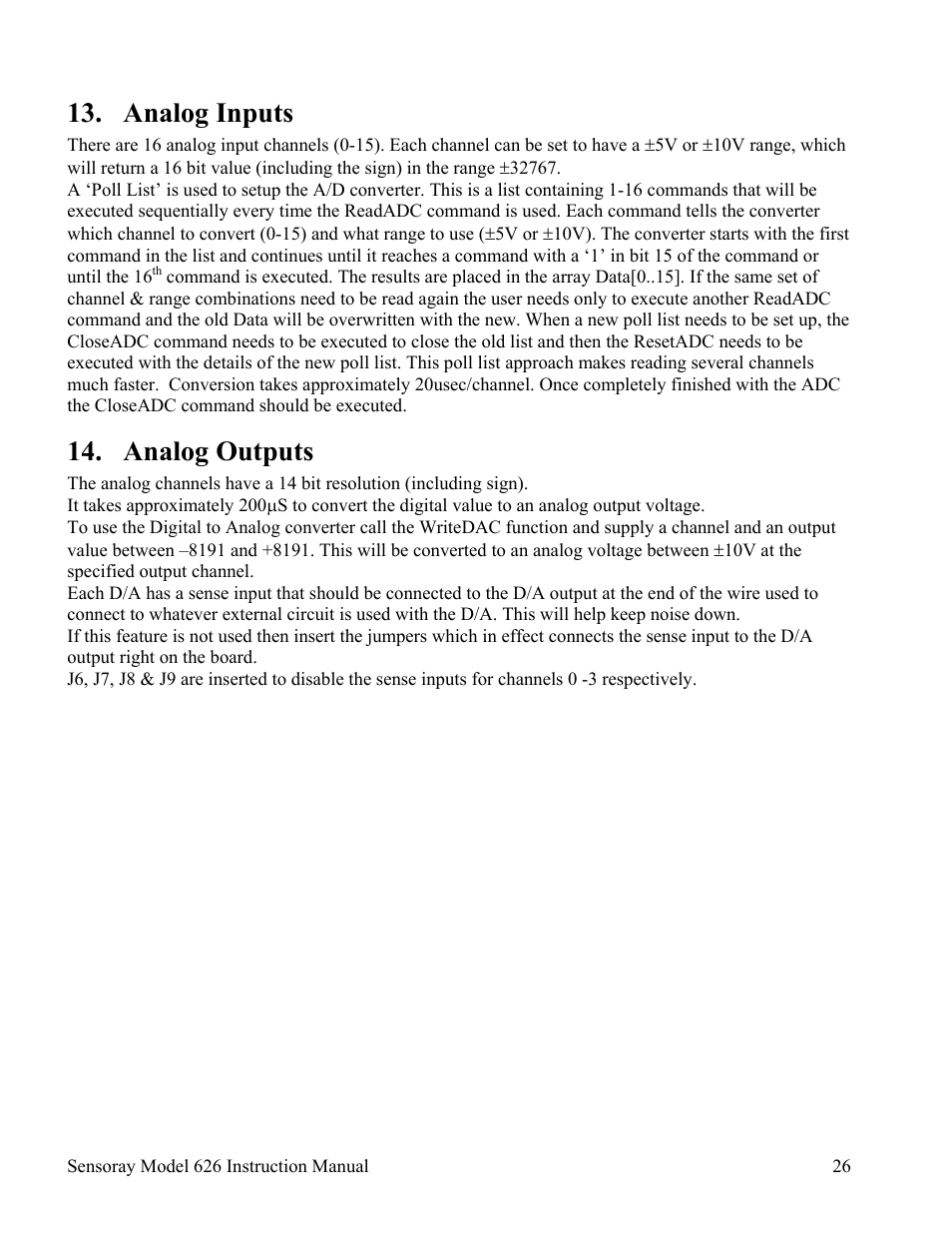 Analog inputs, Analog outputs | Sensoray 626 User Manual | Page 28 / 32