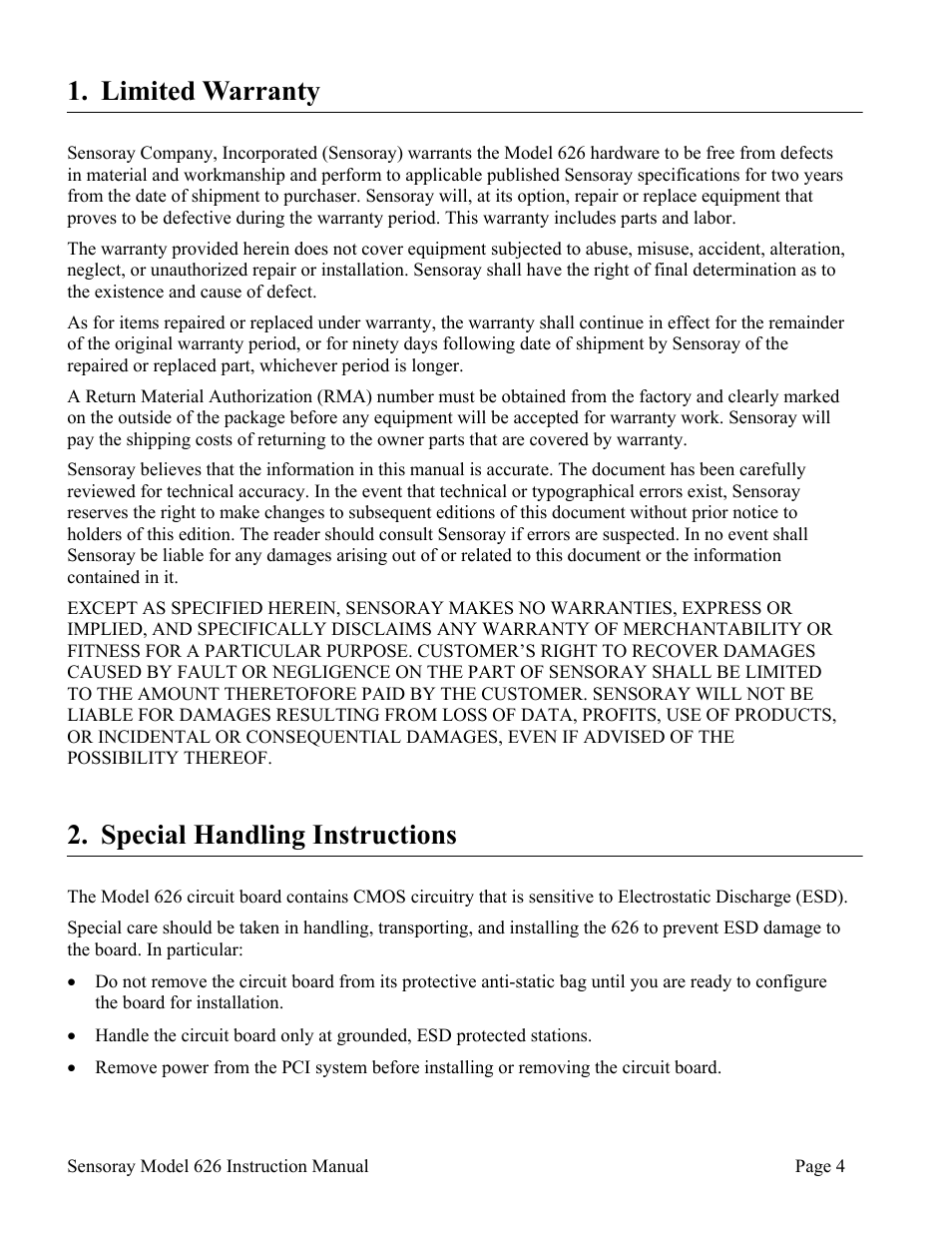 Limited warranty, Special handling instructions | Sensoray 626 User Manual | Page 6 / 32