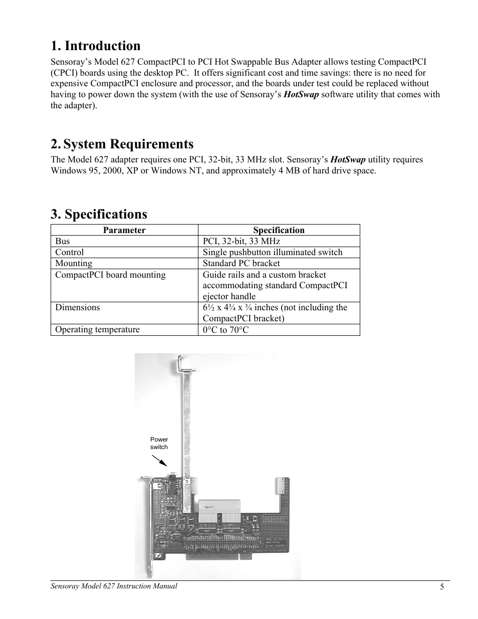 Introduction, System requirements, Specifications | Sensoray 627 User Manual | Page 4 / 6
