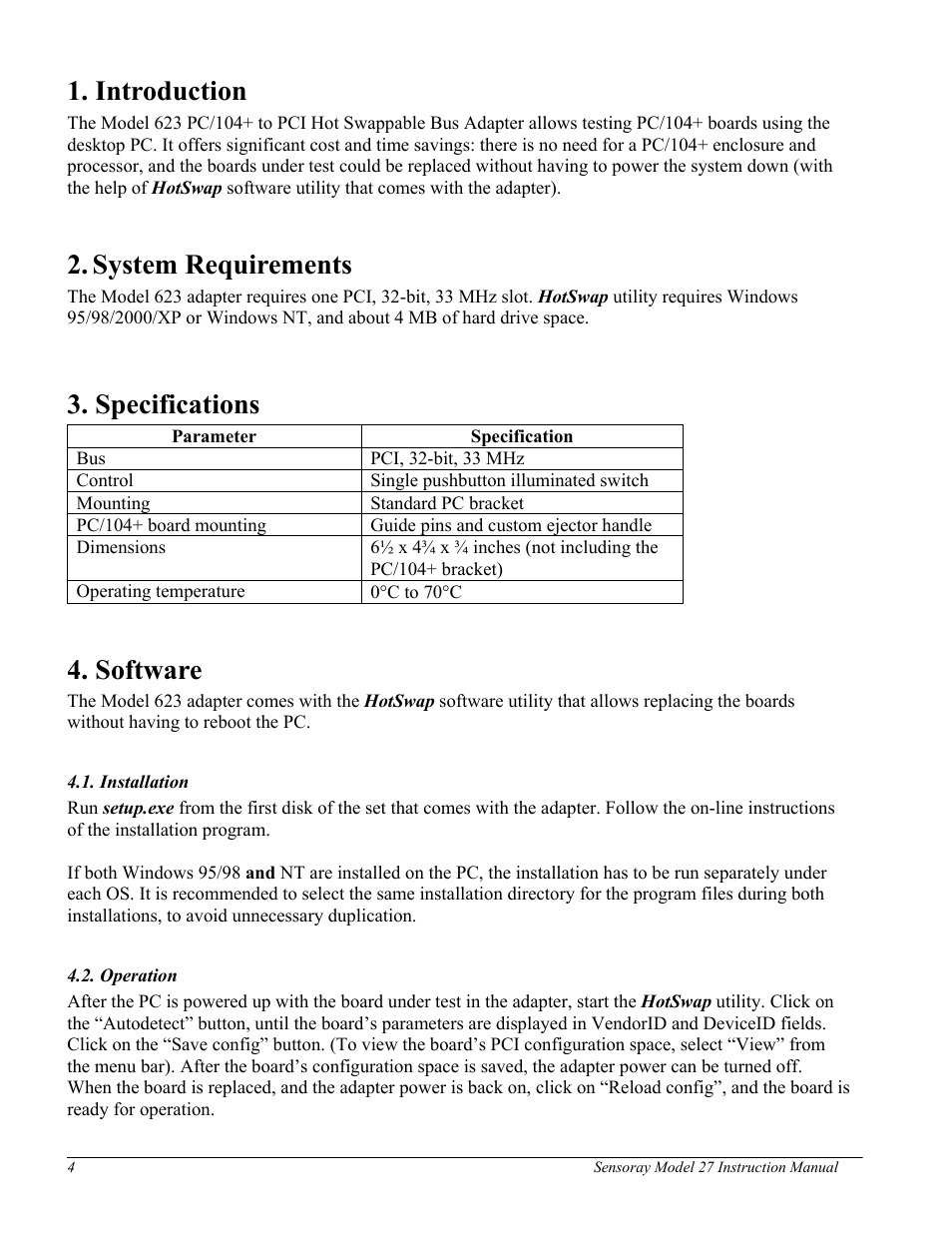Introduction, System requirements, Specifications | Software | Sensoray 623 User Manual | Page 4 / 6