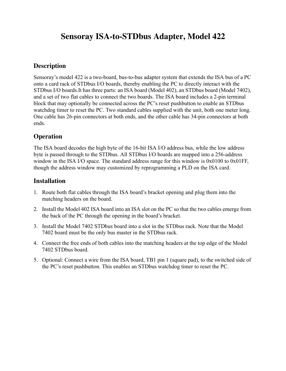 Sensoray 422 User Manual | 1 page