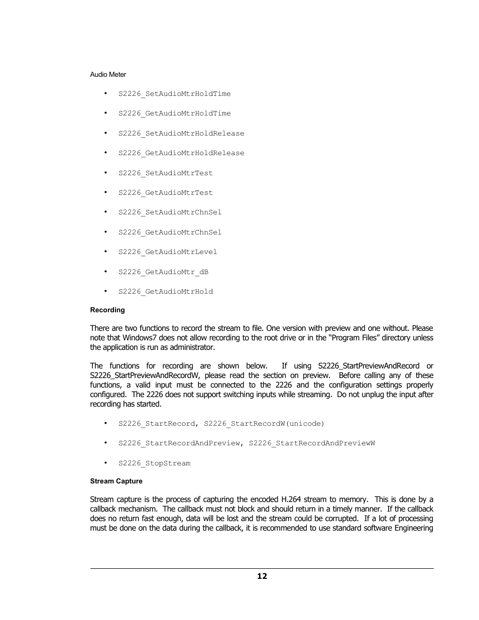 Audio meter, Recording, Stream capture | Sensoray 2224 Windows User Manual | Page 12 / 94