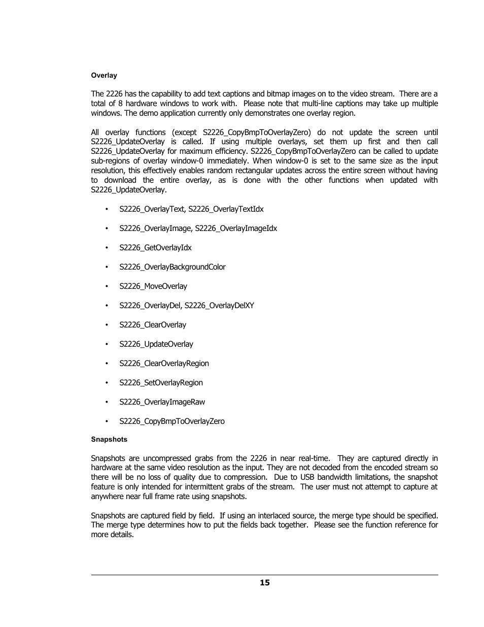 Overlay, Snapshots | Sensoray 2224 Windows User Manual | Page 15 / 94