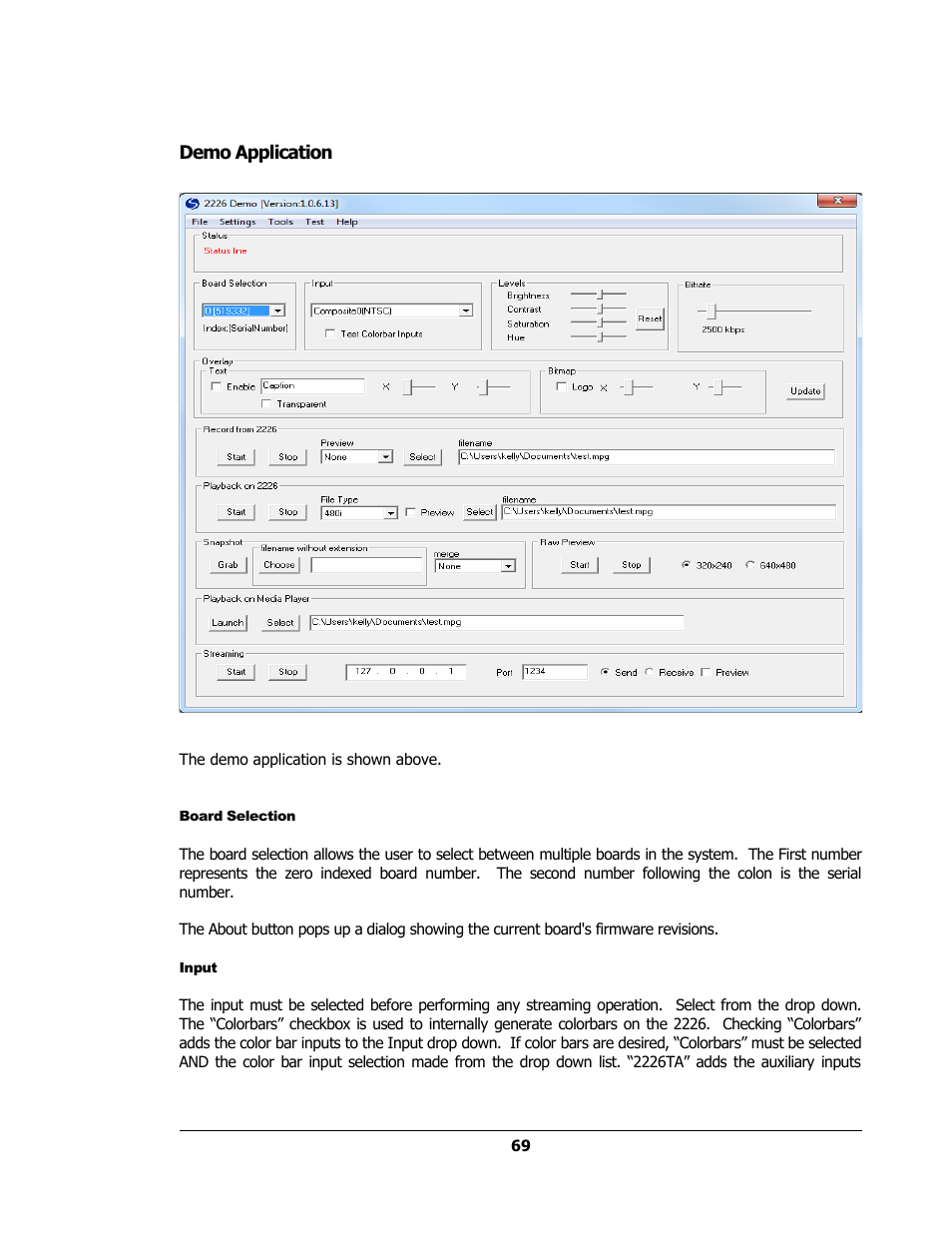 Demo application, Board selection, Input | Sensoray 2224 Windows User Manual | Page 69 / 94